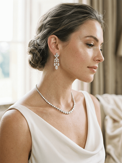 Elegant bride wearing diamond bridal earrings and necklace