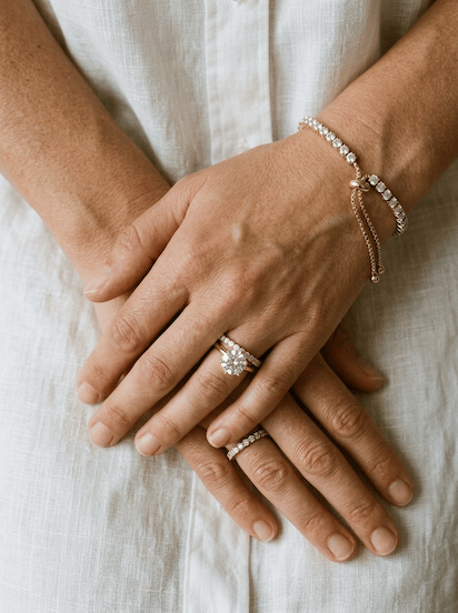 Diamond tennis bracelet and pearl ring in white linen shirt